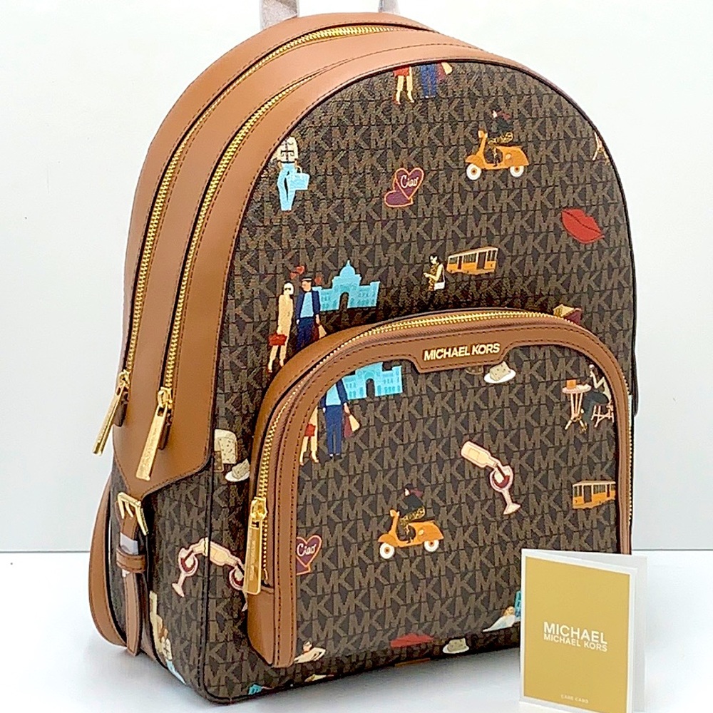Michael Kors Jet Set Girls Jaycee Large Zip Packed Backpack Brown Multi